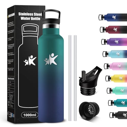 KollyKolla Botella Agua Acero Inoxidable 1L, Botella Termica con Pajita y Filtro, Reutilizable, Cantimplora sin BPA, Prueba de Fugas, Termo para Senderismo, Adultos, Escuela, Deporte, Gimnasio
