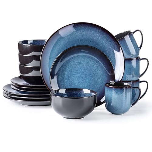 Image of LERATIO Ceramic Dinnerware Sets for 4,16-Piece Reactive Glaze Plates and Bowls Set with Mugs,Highly Chip and Crack Resistant | Dishwasher,Microwave & Oven Safe Dishes set-Blue