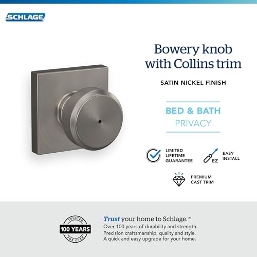 Image of Schlage F40 BWE 619 COL Bowery Door Knob with Collins Trim, Bed & Bath Privacy Lock, Satin Nickel