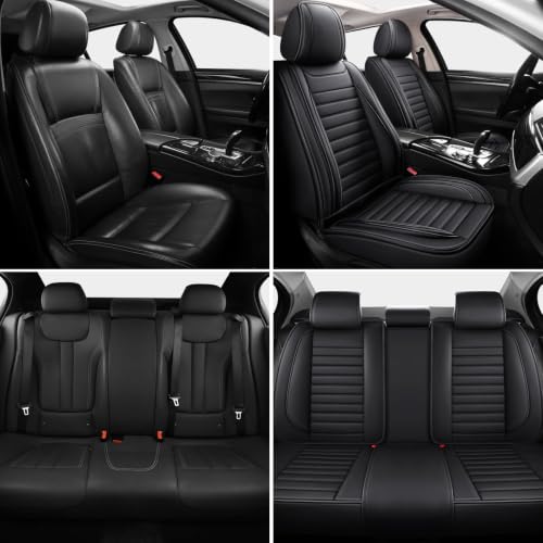 Image of MINGBRON Black Car Seat Cover with Lumbar Support, Car Seat Protector Waterproof, Nappa Leather Car Seat Cushion, Car Seat Covers Front Seats and Back Fit for Most Cars