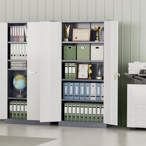 Image of INTERGREAT Metal Storage Cabinet for Garage,72 inch Lockable Storage Cabinets with Doors and Adjustable Shelves,Steel Locking Cabinet for Garage,Office,Home,Gym,School (White Grey)
