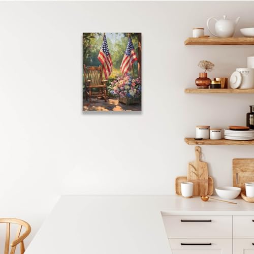 Image of American Flag Wall Art - Vintage Patriotic Canvas Print, Framed 4th of July Decor for Home & Garden, Rustic Farmhouse USA Flag Sign