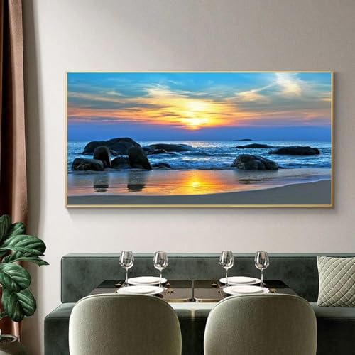 Peinture paysage de mer bleu moderne avec affiche plage encadrée 50x95cm