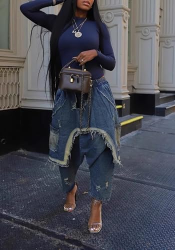 Women's Denim Harem Pants Patchwork Ripped Jeans Elastic Waist Loose Stretchy Trendy Barrel Jeans with Pockets4