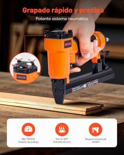 Miniatura 2 de Vevor Grapadora Neumática Calibre 22, Compatible Con Grapas De Alambre Fino Serie 71, Ancho De Corona De 9,1 Mm, Longitud De 4-16 Mm, 4,8-7,6 Bar, Para Carpintería Y Tapicería, 230 X 45 X 160 Mm