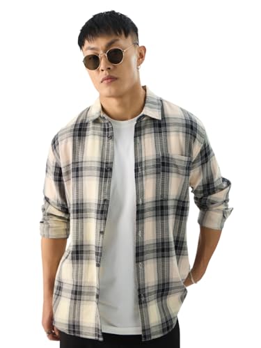 Image of The Souled Store Plaid: Waffle Black Men and Boys Long Sleeve Collared Neck Button Front Regular Fit Cotton Shirts