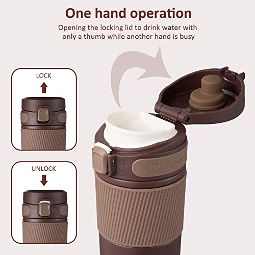 Insulated Coffee Travel Mug Double Wall Leak-Proof Thermos Vacuum Reusable Stainless Steel Tumbler, 15 Oz, Brown #TOP2