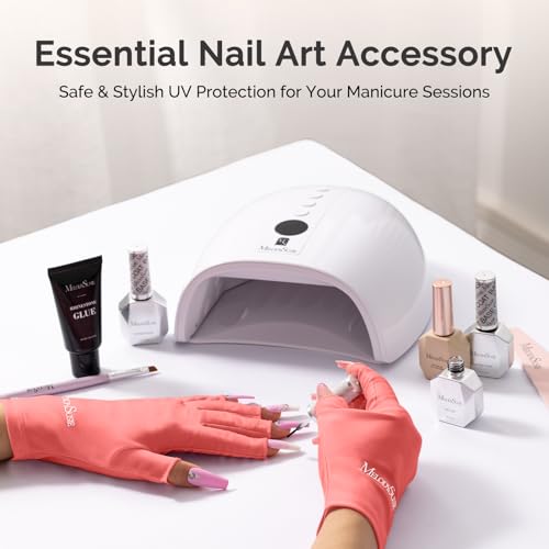 Image of MelodySusie Premium UV Protection Gloves for Manicures, Cool Feeling Fabric,Professional UPF50+, UV Nail Gloves for Gel Nail Lamp, Anti UV Light, Skin Care Fingerless Design, Coral Pink