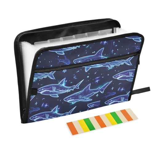 ALAZA Blue Shark Star Expandable Filing Folder Storage Organiser Box Files, 13 Pockets Zip Filing Folders for Home or Office Documents