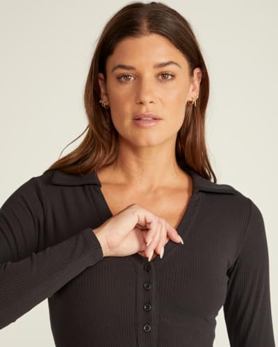 Image of BYLT Ribbed Long Sleeve Bodysuit for Women with Built-In Bra - Collared Moisture Wicking Body Suit - Fitted Thong Bodysuits