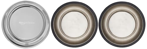 Image of Amazon Basics Stainless Steel Pet Feeding Bowls for Dog & Cats | Anti Slip Base | 3 Pcs Set of Bowl 230 ml Each with Canister 860 ml | Multi Colours and Printing