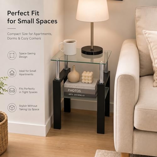 Image of Meihua Glass End Table, Square Glass Side Table, 2-Tier Modern Nightstand with Metal Legs for Living Room&Bedroom (Transparent, 1pc)
