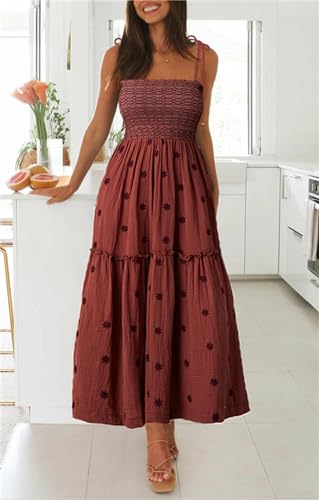 Women Floral Embroidered Maxi Dress Boho Sleeveless Tie Strap Shoulder Dresses Smocked Summer Sundress with Pockets2