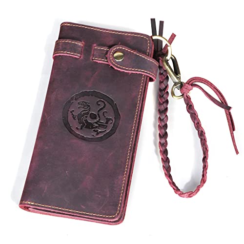 Womens Genuine Leather Bifold Organizer Checkbook Wallet Vintage Style Card Case (1 Wine Dragon)