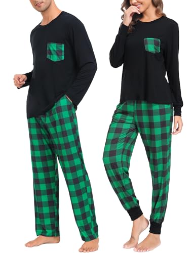SWOMOG Adult Christmas Pajamas Buffalo Plaid Pajama Pants with Pockets Long Sleeve Tops for Couples & Family