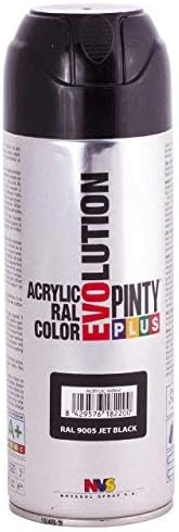 Pintyplus Evolution Spray Paint - 11oz, Solvent Based, Acrylic Spray Paint. Multiple Applications Including Wood, Stone, Cardboard, Paper, & Cardboard. RAL 9005 Satin Jet Black