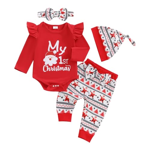 My First Christmas Baby Girl Outfit Newborn Long Sleeve Romper Santa Print Pants Hat Headband 4Pcs Cute Xmas Clothes