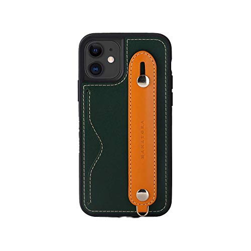 iPhone12 mini ケース 本革 グリップケース レザー ストラップ付属 イタリア製牛革 ヌメ革 片手操作 カード収納 スタンド機能 メンズ レディース グリーン/オレンジ CGH-12Mini-Green-OG