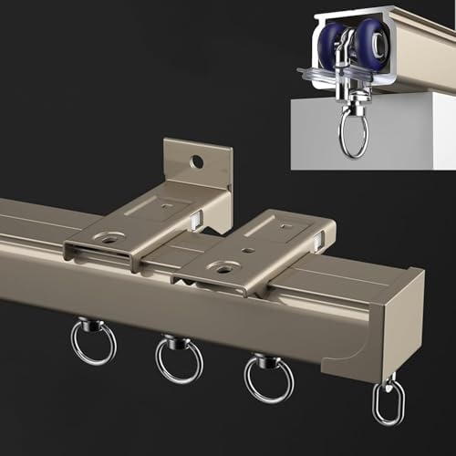 Heavy Duty Curtain Track System for Room Divider & Shower, Ceiling & Wall Mount, 1.5M (4.9FT) Rods with Clips & Hooks - Champagne Color, Sliding Curtain Rail