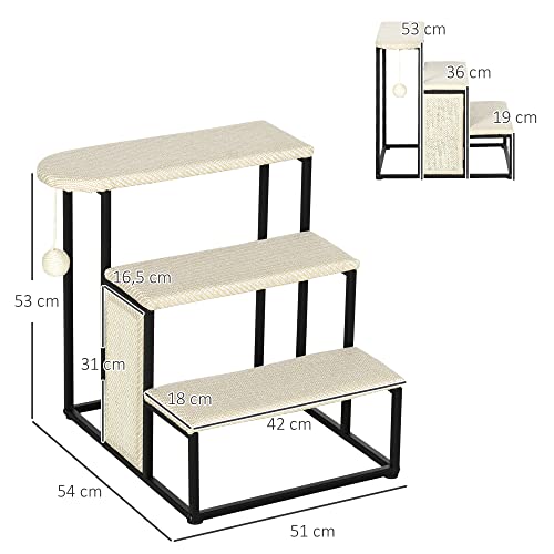 PawHut Hundetreppe 3 Stufen 53 cm Hoch Haustiertreppe für Katzen bis zu 6 kg Katzentreppe Hunderampe Einstiegshilfe für Bett, Sofa, Couch und Auto Cremeweiß+Schwarz