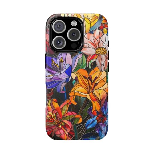 Coque rigide mate iPhone 16 Pro Orange vitrail floral antichoc
