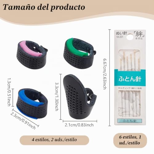 Miniatura 2 de Freebloss Juego De 14 Agujas Y Dedales Sashiko Sashiko, Aguja Sashiko Y Dedal Ajustable De Cuero, Kit Japonés Sashiko, Herramientas 6 Agujas Y 4 Pares De Dedales