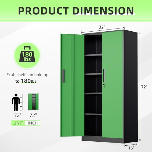 Image of INTERGREAT Metal Storage Cabinet, 72 inch Locking Steel Cabinets with 2 Door and 4 Adjustable Shelves, Tall Metal Cabinet for Home Office, Garage, Warehouse,(Black+Green)