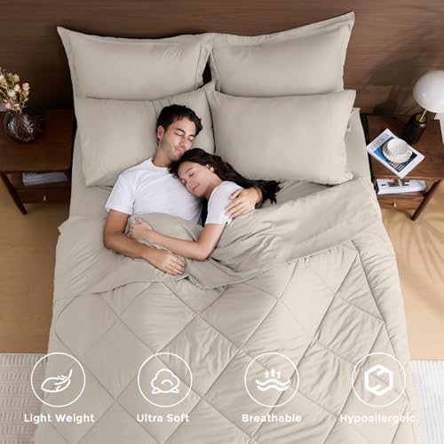 HEVUMYI Beige Tan Queen Comforter Set - 7-Piece All Season Bed in a Bag Queen, Ultra Soft Bedding Set with Comforter, Flat Sheet, Fitted Sheet, Pillowcases, Pillow Shams, Beige Tan
