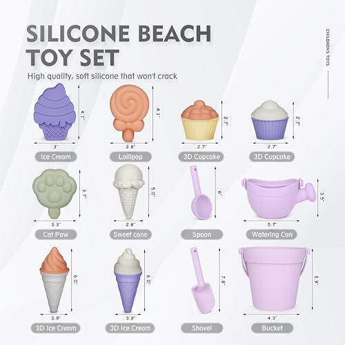 MarcZero 17Pcs Silicone Beach Toys,Modern Baby Beach Toys,Travel Friendly Beach Set,Silicone Bucket, Watering Can, Shovel, 12 Sand Molds, Beach Bag,Silicone Sand Toys for Toddlers, Kids (Purple) - Image 2