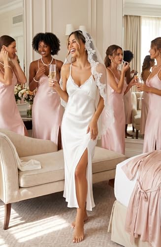 Image of ALCEA ROSEA Women Silk Satin Nightgown Sexy Lace Chemise Lingerie Long Sleepdress for Ladies Sleepwear Slip Negligee
