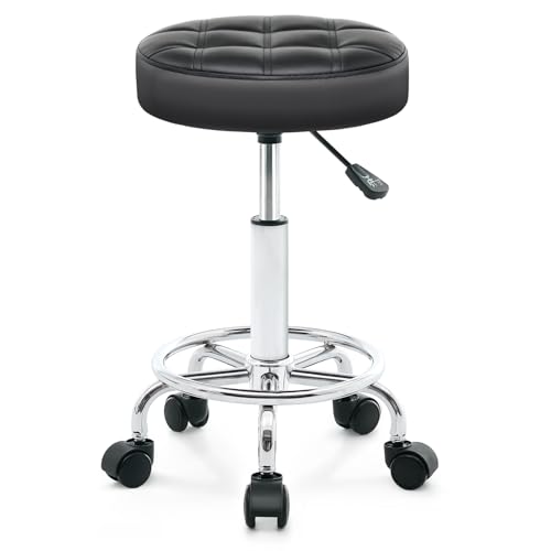 ACFOUL Rolling Stool with Wheels - Swivel Small Office Chair with Footrest PU Leather Shop Stool for Office Spa Studio Lab Counter Salon Home Work Bar Kitchen Shop Teach Medical Facial Black