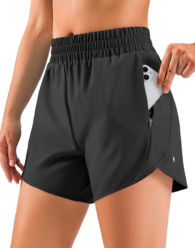 Soothfeel Womens 5 Running Athletic Shorts with Zipper Pockets Quick Dry High Waisted Workout Shorts for Women No Liner Black L