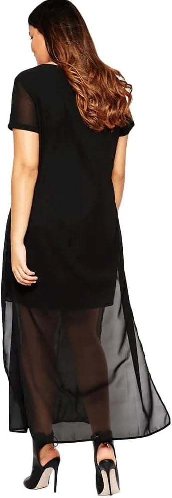 JSEIAJB Long Chiffon Dress Women Split Solid Short Sleeve Straigh Office Dress Large Size Party Dress(Large)