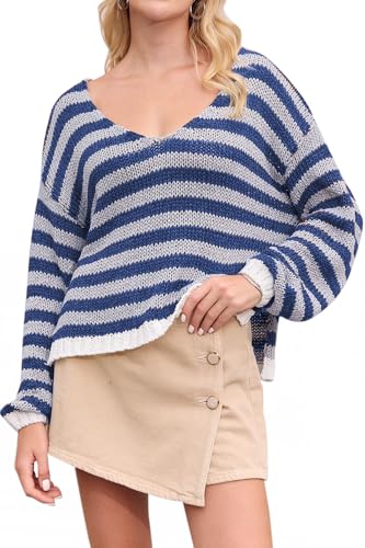 Image of Women's V Neck Long Sleeve Sweaters 2024 Fall Oversized Striped Color Block Drop Shoulder Knit Side Slit Pullover Tops