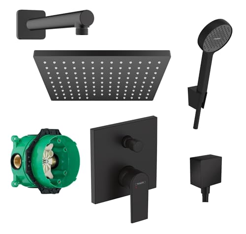 Hansgrohe Duschsystem mit Unterputz Duscharmatur von Hansgrohe Regendusche mit Armatur, Duschkopf eckig, Wandarm Dusch-SET HGSK01 schwarz matt