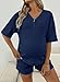 BLENCOT Womens Maternity V Neck Button Nursing Pajamas Set Short Sleeve Breastfeeding Shirts Pregnancy Shorts 2 Piece Nursing PJS Navy Blue L