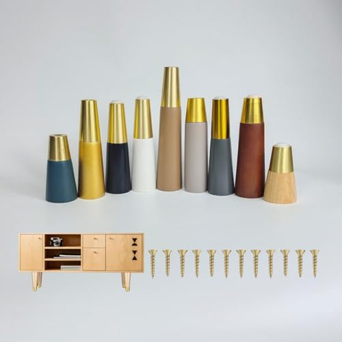 Patas de madera para muebles de 10 cm, 12 cm, 15 cm y 20 cm. Juego de 4 patas de madera para sofá con tapas doradas, estilo mediados de siglo. Para sofá, silla, mesa, cómoda, cama, armario, otomana.