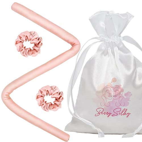 BerrySilky Silk Ribbon Curler - Heatless Curls- 100% Mulberry Silk Hair Curler with 2 Silk Hair Scrunchies, Super Soft Curlers for Heatless Curling (Rosy Glow)