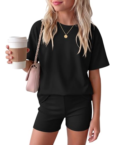 Image of Oakgarden Summer Outfits for Girls 5-14Y Athletic Casual Sets Kid Short Sleeve Shirt Bike Shorts 2 Piece Tween Trendy Clothes