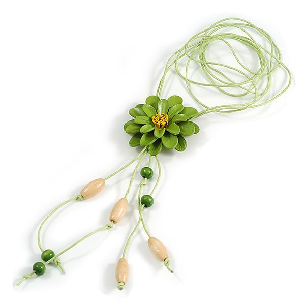 Collier cordon coton vert réglable avec pendentif fleur cuir et pompons bois Avalaya