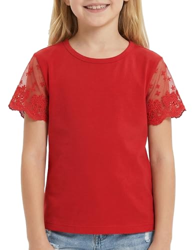 Image of Noomelfish Girls Lace Short Sleeve T-Shirts Kids Summer Cute Tops Blouse(5-12 Years)