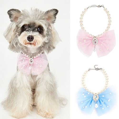 BAMY 2 Pcs Dog Necklace, Cute Cat Jewelry Collar, Pet Apparel, Pearls Bow