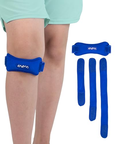 Image of KARM Kids Knee Brace Strap - Osgood Schlatter Knee Brace Youth for Kids, Child - Patellar Tendon Support Patella Band for Pain, Sports, Basketball with 3 Length Adjustable Straps (Single, Blue)