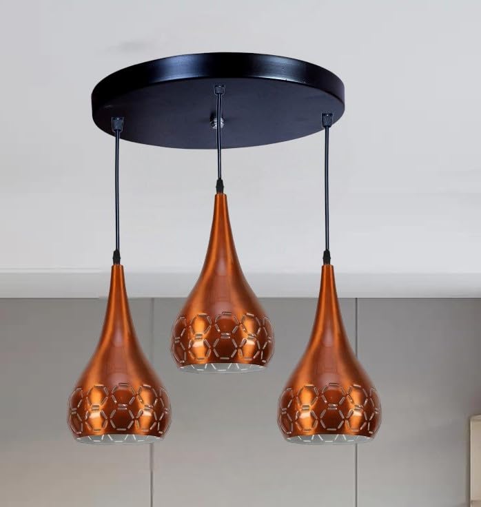Image of GreyWings 3 Light Hanging Light for Home, Orange Aluminium Pendant Light with E27 Holder, Modern Ceiling Hanging Lamp for, Bulb Not Included, Cluster Set