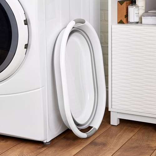 Image of Laundry 360 Collapsible Laundry Basket | Portable | Space Saver Storage | 27 Liter Capacity | Store Under the Bed or Closet | Good for Kids | Dorm | Bedroom | Large | White /Grey
