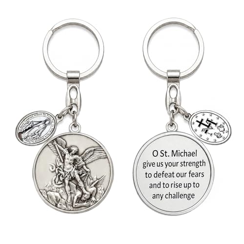 Image of St Michael Medals With Virgin Mary Keychain,Saint Michael With Mother Mary Medal for Car,Catholic Religious Keychain,Medalla De La Virgen Milagrosa Adornos Llaveros Para Carros De Mujer Hombre