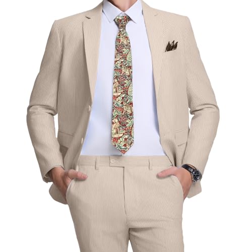 Wehilion Blue Seersucker Suits 2 Piece Casual Summer Beach Men Suits Wedding Grooms Jacket Pants Striped Suit Set