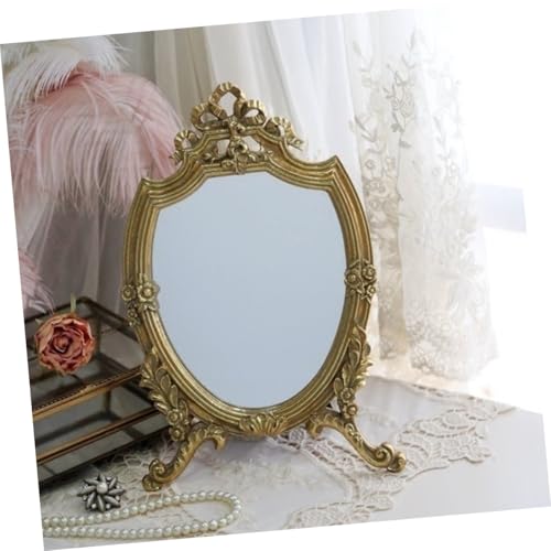 Miroir de maquillage rétro en résine dorée pour coiffeuse
