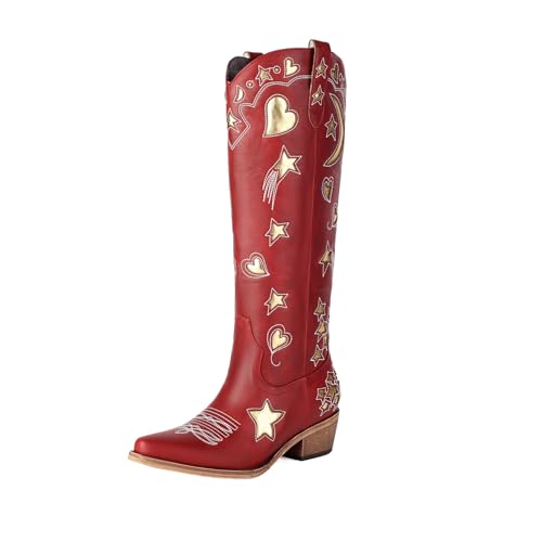 Western Cowboy Boots for Women Knee High, Stars Moon Heart Patterns Low Heel