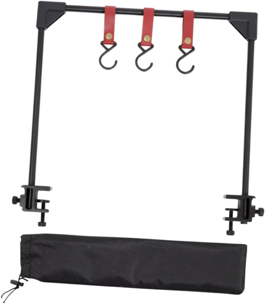 1Set Aluminum Alloy Outdoor Camping Hanging Rack Portable Desktop Storage Hanger with Hooks for Lights Utensils and Bags for Camping and Picnics Black